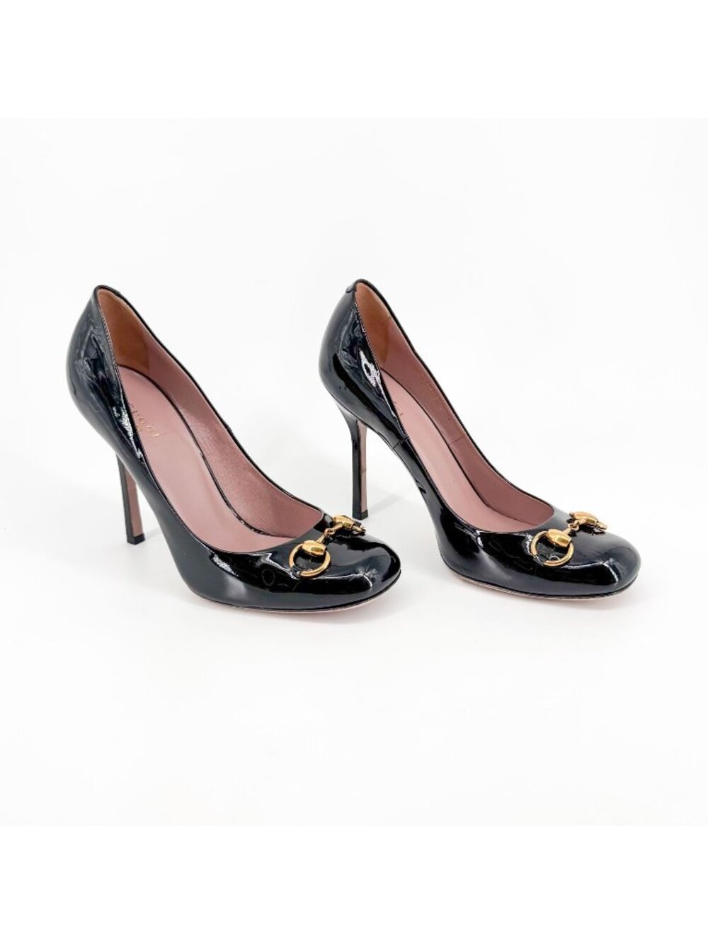 Gucci Square Toe Horsebit Pumps Size 39.5 US 9.5 Black Patent Leather High Heels